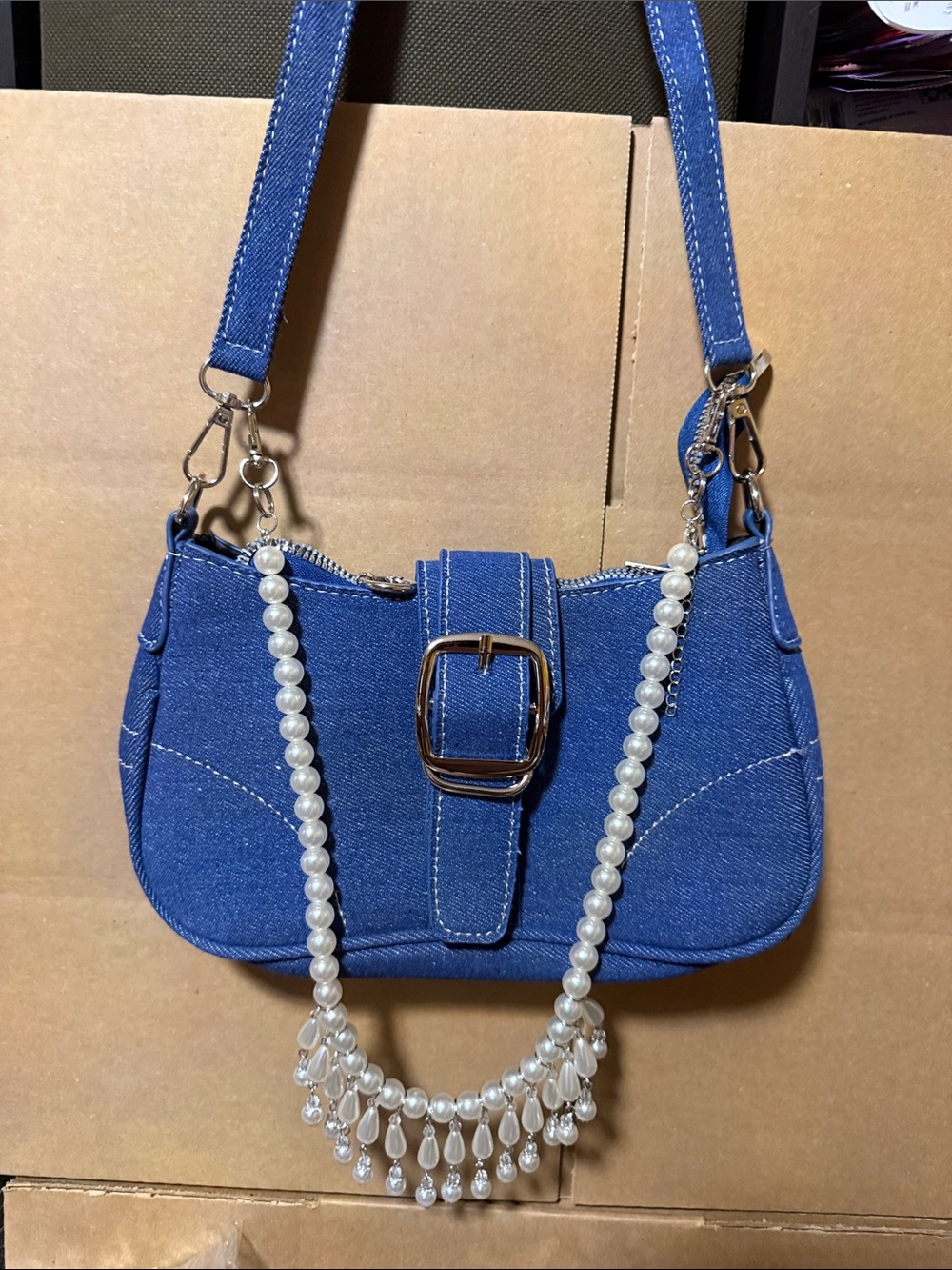 Blue Denim Shoulder Bag with Pearl attachment, bag not for sale